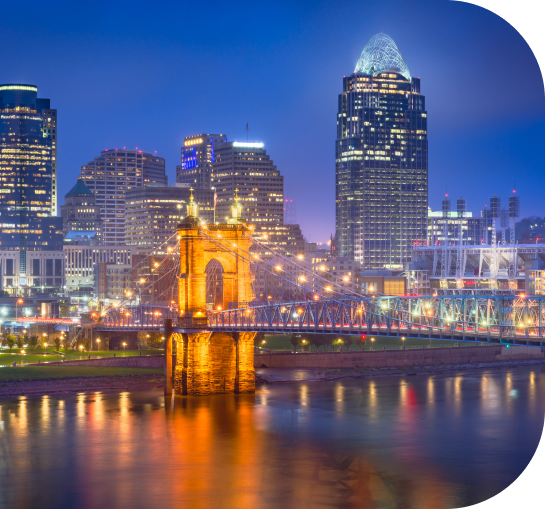 A night view of the Ohio river and downtown Cincinnati.