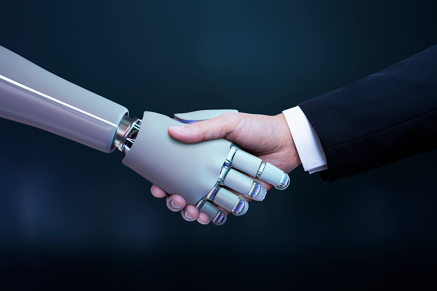 An AI robot hand shaking a human hand.