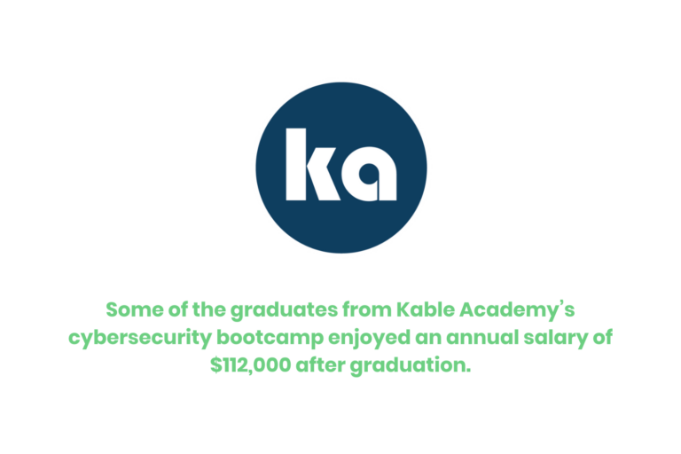 The Kable Academy logo with text below it saying "Some graduates from Kable Academy's cybersecurity bootcamp enjoyed an annual salary of $112,000 after graduation"