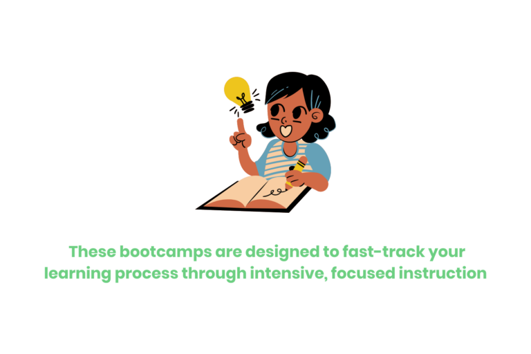A cartoon woman pointing at a light bulb with text below saying "These bootcamps are designed to fast-track your learning process through intensive, focused instruction."