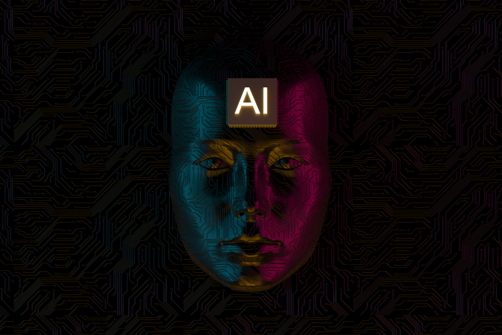 A blue and magenta face with AI on it's forehead