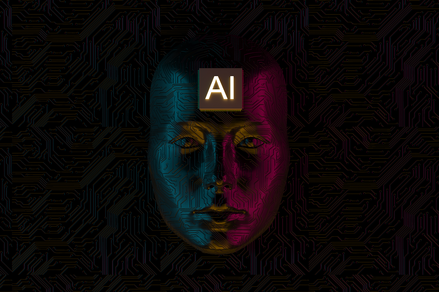 A blue and magenta face with AI on it's forehead